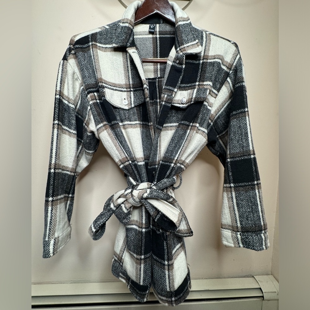 Plaid Belted Jacket / Shacket - Black and White